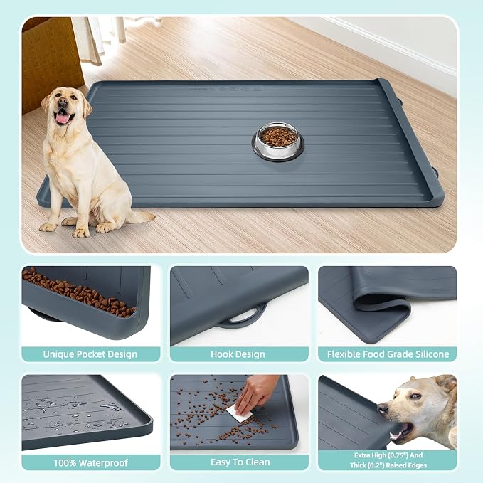 Dog mat for Food and Water - 39.4" x 27" Thickened Large Dog Food Mat | Waterproof Pet Bowl Mat with Residue Collection Pocket and High Edges to Prevent Water and Food Spills - Dark Grey - Image 5