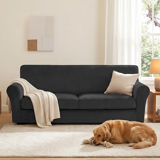XINEAGE 3-Piece Velvet Sofa Cover,Couch Covers for Dog,Black | 2 Cushion Sofa,Stretch Non-slip Elastic, Pet-friendly, Washable, Fast Setup, Soft Plush Fabric, Furniture Protector. - Image 4