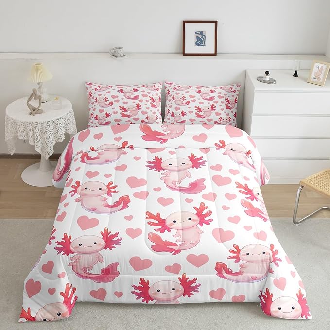 Manfei Cute Axolotl Comforter Set,Kawaii Pink Ocean Animal Marine Life Bedding Set Kids Teens Modern Decor,Love Hearts Graffiti Kids Girls Comforter with 1 Pillowcase for All Seasons,Twin by Manfei