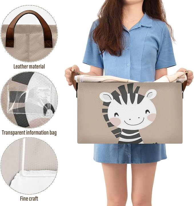 Cute Happy Zebra Brown Animal Storage Basket for Baby with Handles&Label Rectangular Waterproof Nursery Storage Bins Collapsible Organizer Baskets for Kids Cloth Gift Toys Laundry Shelf, 2 PC - Image 4