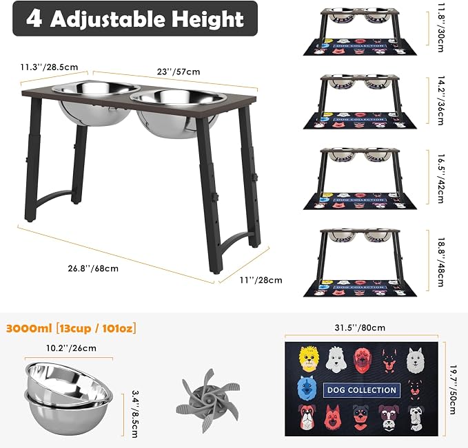 Raised Dog Bowl with Spill-Proof Mat, 4 Adjustable Heights, Two 3000ML Stainless Steel Bowls with Slow Feeder, Elevated Food & Water Bowls for Medium, Large, and Extra Large Dogs - Image 4