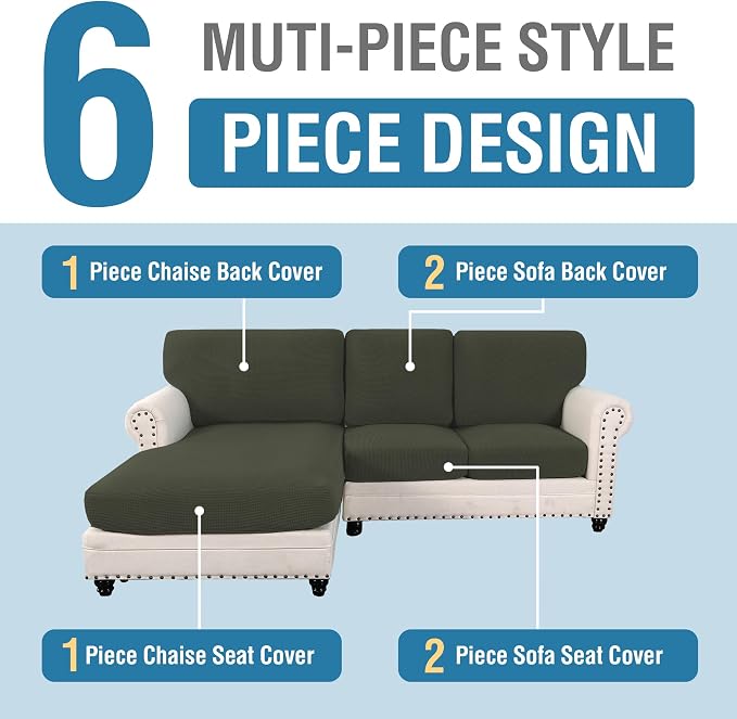H.VERSAILTEX Sectional Couch Covers 3 Pieces Sofa Seat Cushion Covers L Shape Separate Cushion Couch Chaise Cover for Both Left/Right Sectional Couch (Seat Only: 1 Chaise + 2 Sofa, Olive) - Image 2