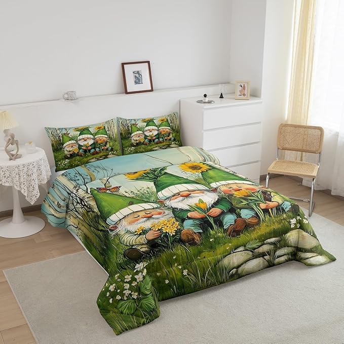 Manfei Cute Gnome Bedding Set King Size,Daisy Sunflower Floral Comforter Set for Kids Boys Teens Adult Room,Watercolor Spring Garden Plants Down Comforter Soft Quilt with 2 Pillow Cases - Image 2