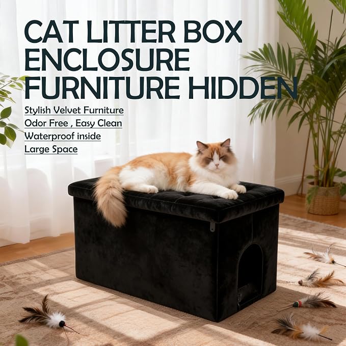 MEEXPAWS Cat Litter Box Enclosure Furniture Hidden Large, Lift Design Lid Velvet Cat Washroom Bench Storage Cabinet |27.5'' x 19.6'' x 19.6'' |Dog Proof|Urine Proof Inside|Quick Assembly| Easy Clean - Image 3