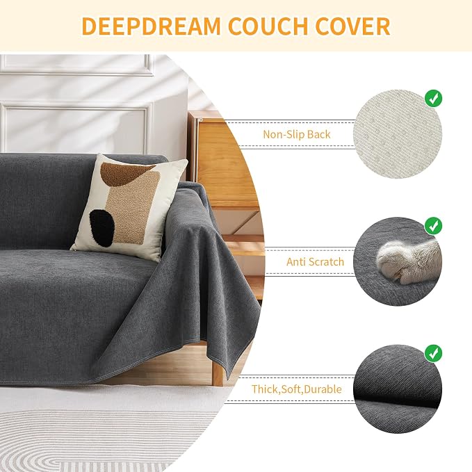 Deep Dream Cat-Scratch Resistant Couch Cover, Waterproof Sofa Cover for 3 Cushion Couch Washable, Pet Friendly Couch Protectors Anti Slip Thickened Sofa Slipcovers for Pets, 91" x 134", Dark Grey - Image 3