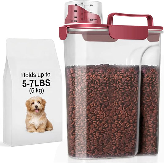 LEAWALK 5Lbs Dog Cat Storage Container Portable with Upgraded Large Spout and Cup, Plastic Pet Food Dispenser for Small Animal Kibble, Bird Seed, Oatmeal, Rice, Flour, Brown Sugart (Elegant Red) by LEAWALK