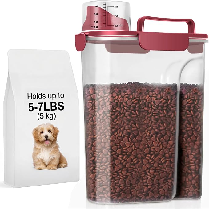 LEAWALK 5Lbs Dog Cat Storage Container Portable with Upgraded Large Spout and Cup, Plastic Pet Food Dispenser for Small Animal Kibble, Bird Seed, Oatmeal, Rice, Flour, Brown Sugart (Elegant Red) by LEAWALK