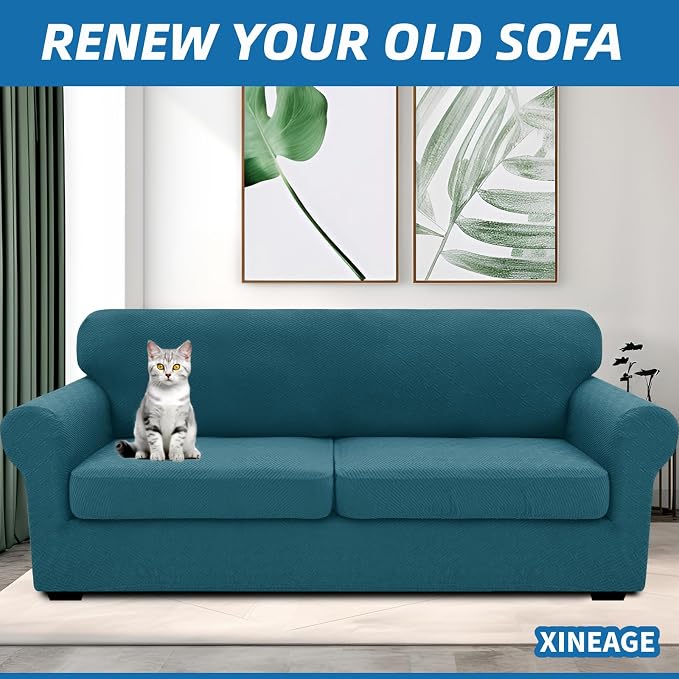 XINEAGE New 3 Pieces Couch Covers for 2 Extra Large Cushion Sofa Super Stretch Sofa Cover for 2 Large Seat Universal Loveseat Slip Cover for Living Room (Peacock Blue), 71"-91"(2 Cushions) - Image 4