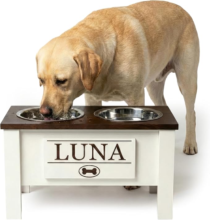 Elevated Dog Bowls for Large Dogs, Personalized Food Stand for Large Breed | Farmhouse Style, Elevated Wood Stand, Storage Container, Stainless Steel Bowls, Raised Anti-Slip Feeder, Made in USA by GrooveThisWoodshop
