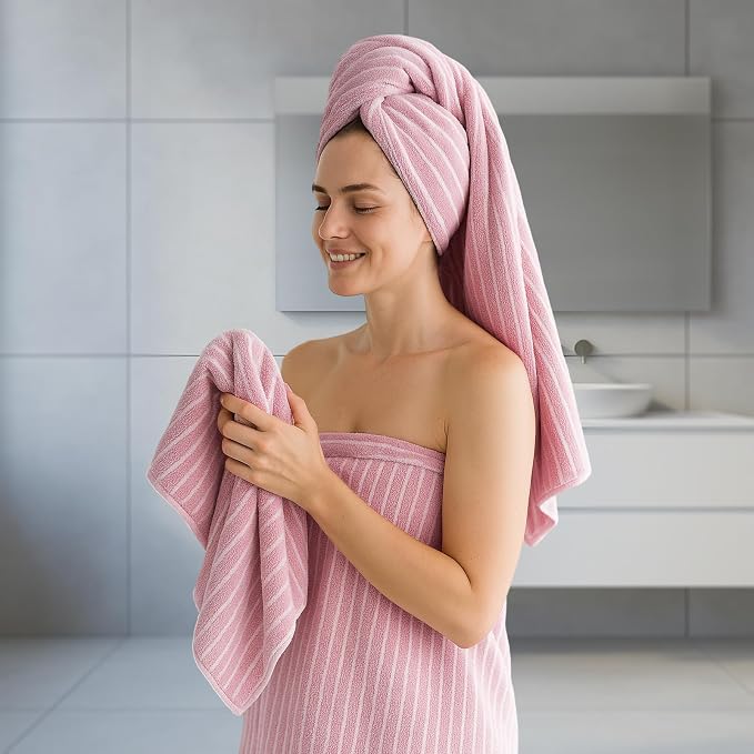 REDKISS 6-Piece Microfiber Bath Towel Set, Ultra Soft, Highly Absorbent & Quick Dry, 35x70 Inch Oversized, Pink Towels for Bathroom, Spa, Gym, 2 Bath 2 Hand 2 Washcloths - Image 2