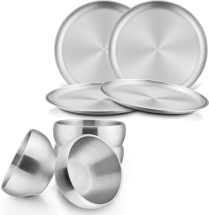 HaWare Kids Plates and Bowls, 8 Pieces Stainless Steel Dish Set, Reusable Dinnerware for Camping, Hiking, Travel, Picnic, Non-toxic Tableware set for Kids Self-feeding, Dishwasher Safe by HaWare