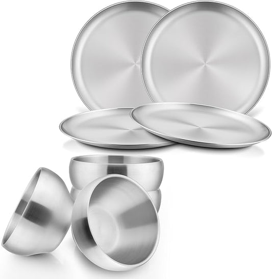 HaWare Kids Plates and Bowls, 8 Pieces Stainless Steel Dish Set, Reusable Dinnerware for Camping, Hiking, Travel, Picnic, Non-toxic Tableware set for Kids Self-feeding, Dishwasher Safe by HaWare