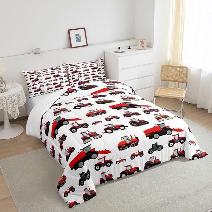 Erosebridal Red Tractor Comforter Set Twin Size Heavy Equipment Truck Down Comforter Kids Boys Girls Teens Harvester Tractor Bedding Set Construction Excavator Farm Equipment Quilt Set - Image 3
