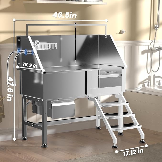 46" Dog Washing Station, Professional Stainless Steel Dog Bathing Station Dog Bathtub for Large & Medium Dog, Height Adjustable Dog Grooming Tub with Storage Drawer, Movable Stair (Right Stair) - Image 6