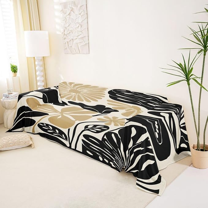 Erosebridal Black Tan Flower Sofa Cover Minimalist Floral Couch Cover Vintage Wildflower Sofa Slipcover for Couches and Sofas Modern Neutral Botanical Washable Non Slip Sofa Protector, 71" X 134" - Image 2