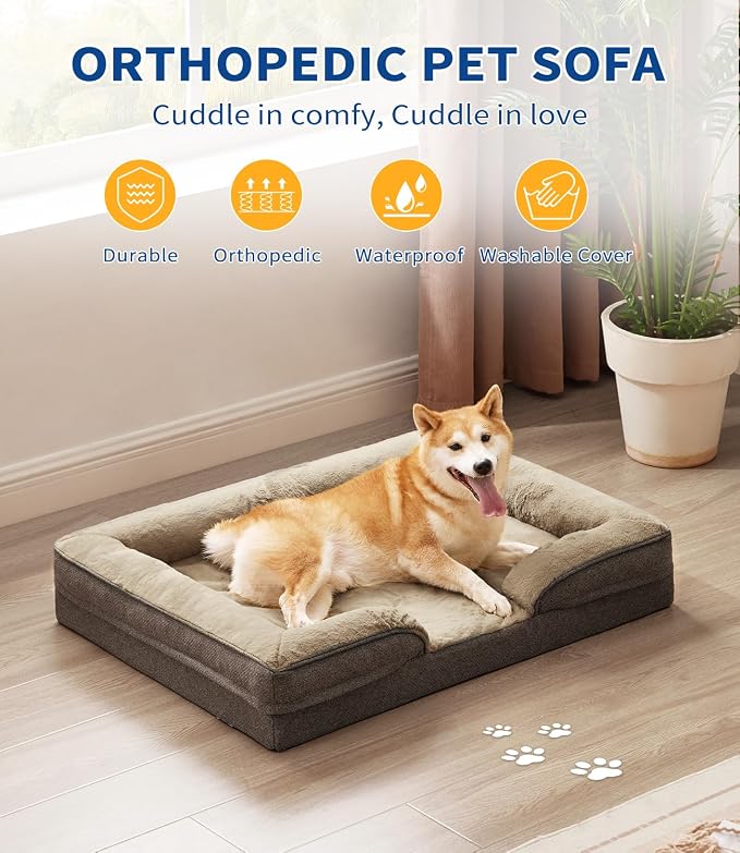 Made4pet Dog Bed Orthopedic Dog Sofa for Large Dogs,Supportive Foam Pet Cushions Bed with Washable Removable Cover, Egg-Crate Foam, Waterproof Lining Bottom, Brown, 38 * 28 * 6.5 Inch - Image 2