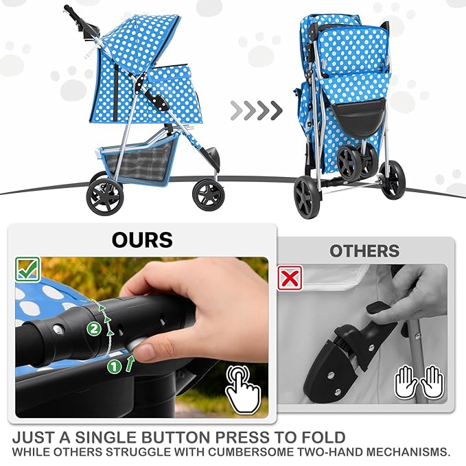 MoNiBloom 3 Wheels Pet Dog Cat Stroller for Small Medium Dogs Cats, Foldable Jogger Stroller w/Storage Basket and Cup Holder, Sky Blue Polka Dots