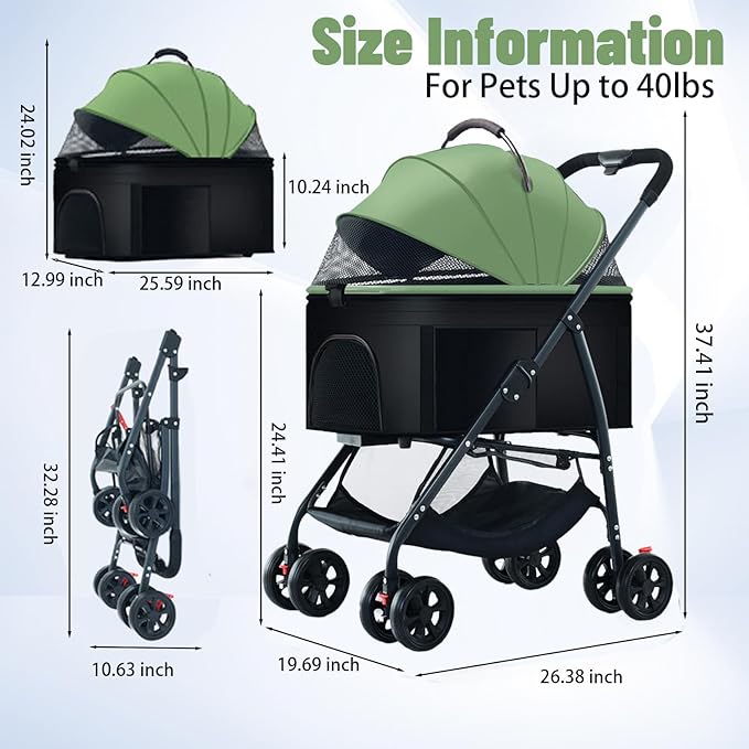 3-in-1 Pet Dog Stroller, Dog Wagon with Removable Carrier, Cat Stroller for Medium Dogs Up to 55lbs (Green)