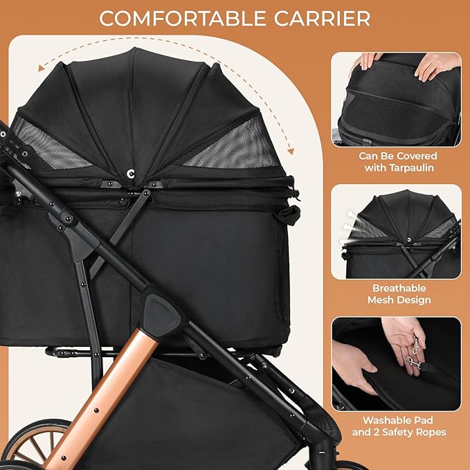 MAMIZO Foldable Dog Stroller for Medium Dogs Cats Up to 55 Lbs, Adjustable Height Handle, Pet Stroller with Aluminum and Carbon Steel Frame, Sun Shades, Storage Basket & Shock Absorbers, All-Terrain