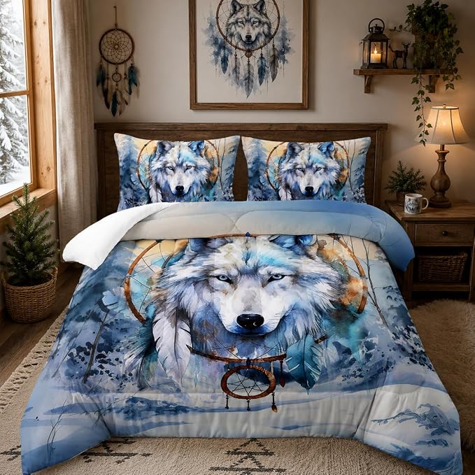 Nttopship White Wolf Comforter Sets Twin Size for Kids,White Wolves 3D Cartoon and Dream Catchers Comforter Sets All Season 1 Comforter and 2 Pillowcases by Nttopship