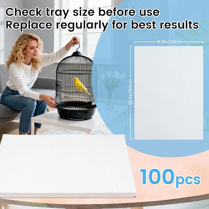 23.6x16.9in Bird Cage Liners - 100 Sheets Pre-Cut Disposable Cage Tray Liners, High Absorbent Non-Woven Pads for Parrots, Cockatiels and Small Animals - Image 2