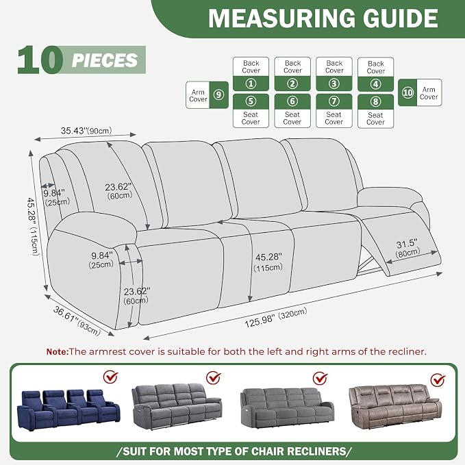 vctops Diamond Recliner Sofa Covers 10-Pieces Stretch Large RV Couch Covers for 4 Seats Reclining Slipcovers Soft Solid Furniture Protector (Mo Green,4 Seat) - Image 2