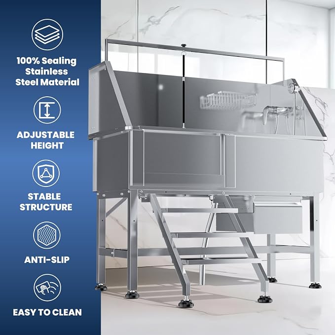 46" Dog Washing Station for Home,Stainless Steel Professional Dog Bathing Station Height Adjustable D og Grooming Tub Ramp, Drawer, Floor Grate & Fauct (L Stair) - Image 3