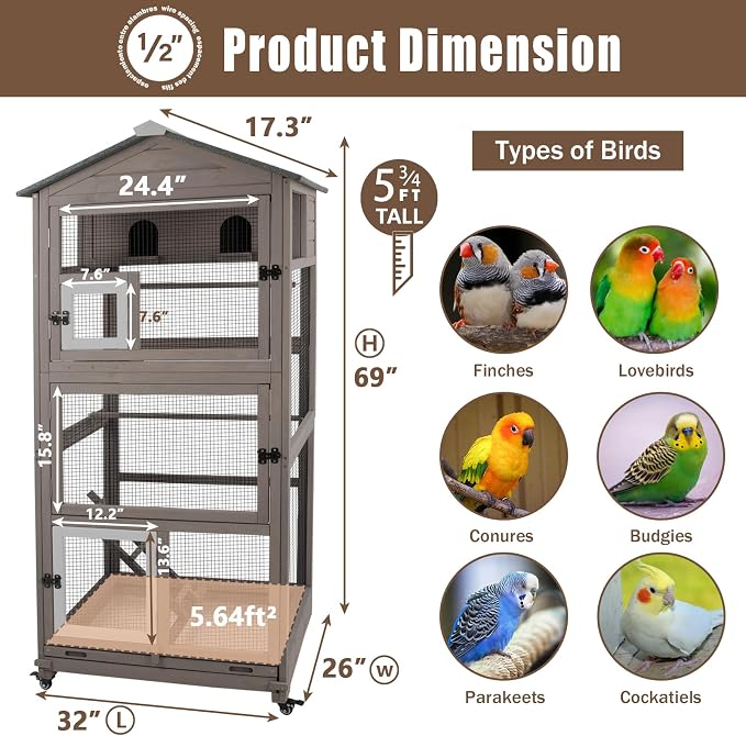 Ketive Flight Bird Cage Outdoor Large Wooden Bird Aviary Parrot Cage for Parakeet, Finches and Any Small Birds - Pull Out Wire Netting, Slide-Out Tray, 2 Perches, Nest House, 4 Wheels Include, Grey - Image 2