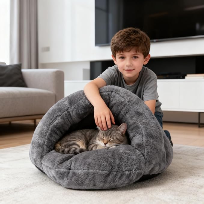 PETCUTE Warm Cat Cave Beds for Indoor Cats, Super Soft Cat Beds with Hooded Cover, Short Plush Covered Sleeping Cozy Pet Bed for Puppies and Cats,Cat House with Removable Washable Cushion - Image 2