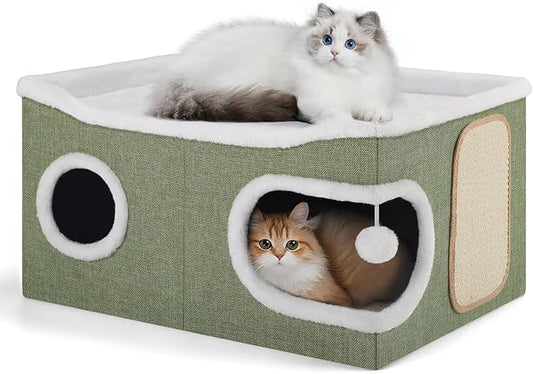 Shikha Extra Large Cat House Bed for Multi Cats with Scratch Pad Green | 24 x 17.7 x 12.6 IN Widen Cat Cave Cube for Multi Pets, Foldable, Arc-Edge Design, Oval Door, All Seasons Reversible Cushion by Shikha