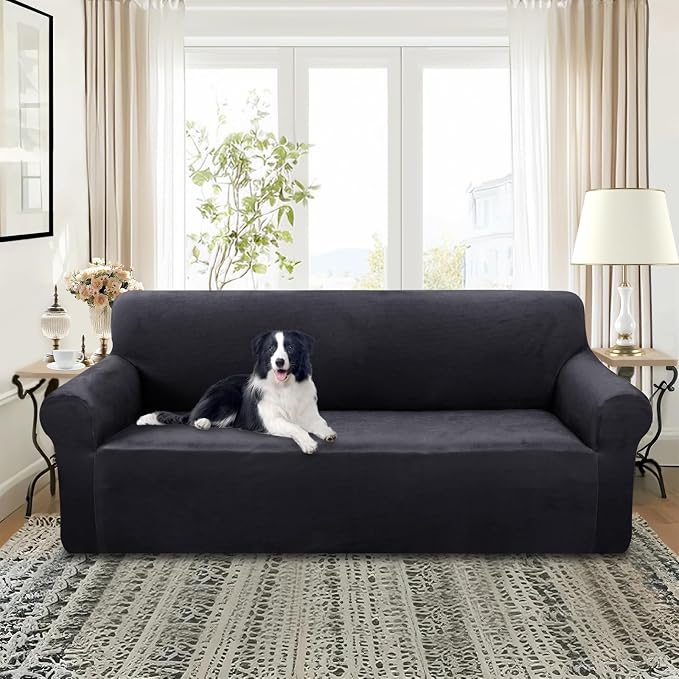U-NICE HOME Velvet Sofa Covers Stretch Couch Covers for 3 Cushion Furniture Protector Sofa Slipcover (Large, Dark Grey) - Image 2