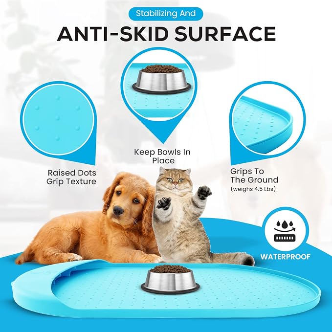 Dog Food Mat - 32” x 19” Pet Feeding Mat with Residue Collection Pocket - Large Silicone Dog Mat for Food and Water - Waterproof Dog and Cat Bowl Mat, High Edges to Prevent Spills, Light Blue - Image 5