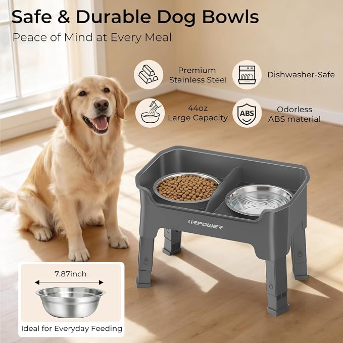 URPOWER Mess Proof Elevated Dog Bowls, Splash Guard Raised Bowl Stand | 4 Height Adjustable Raised Stand with 2 Stainless Steel Food Bowls & Licking Plate for Small, Medium & Large Dogs - Image 5
