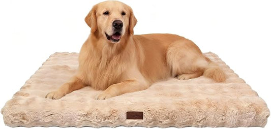 Orthopedic Dog Beds for XL Dogs, Fluffy Faux Rabbit Fur Pet Bed with Removable Washable Cover, Dog Bed Mat with Egg Crate Foam & Waterproof Lining, Anti Slip Bottom, Light Khaki,44"x32"x4" by VhenWhen