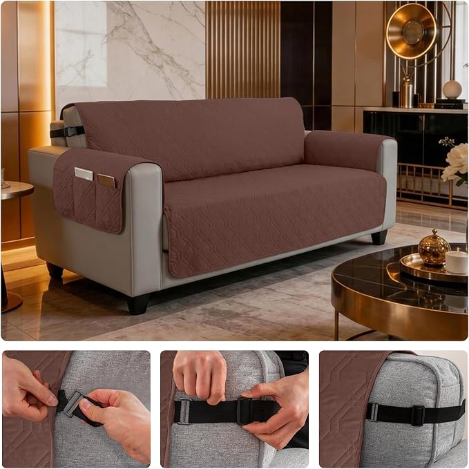 100% Waterproof Couch Cover,Straps&Pockets,pet Friendly,68" Coffee | Washable sofa cover, pet-friendly, scratch-resistant furniture protector, quilted sofa cover, reversible, non-slip backing. - Image 6