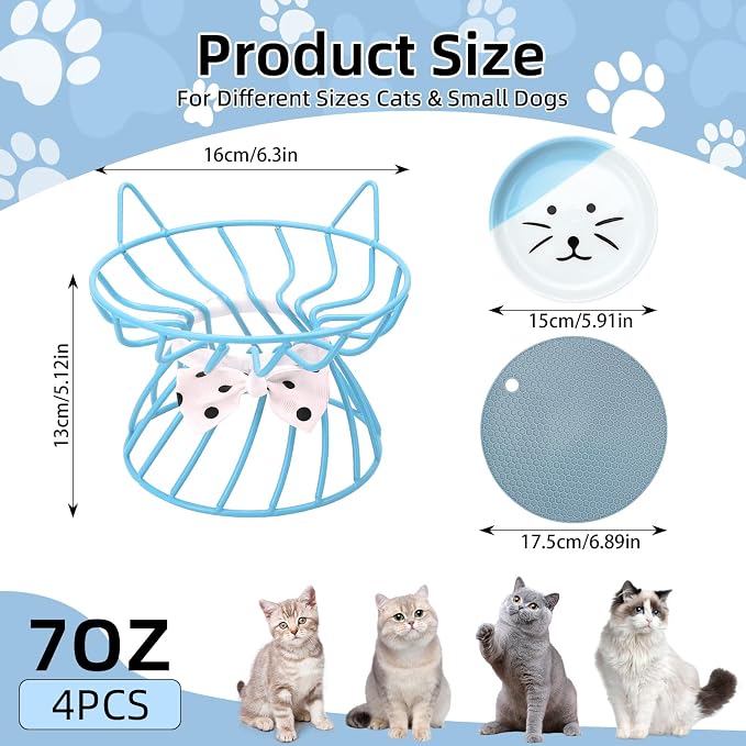 Set of 4 Elevated Ceramic Cat Bowls, Assorted Colors | 4-Piece Bowl Set Detachable Bowls Easy to Clean Non-Slip Pads Premium Ceramic - Image 2