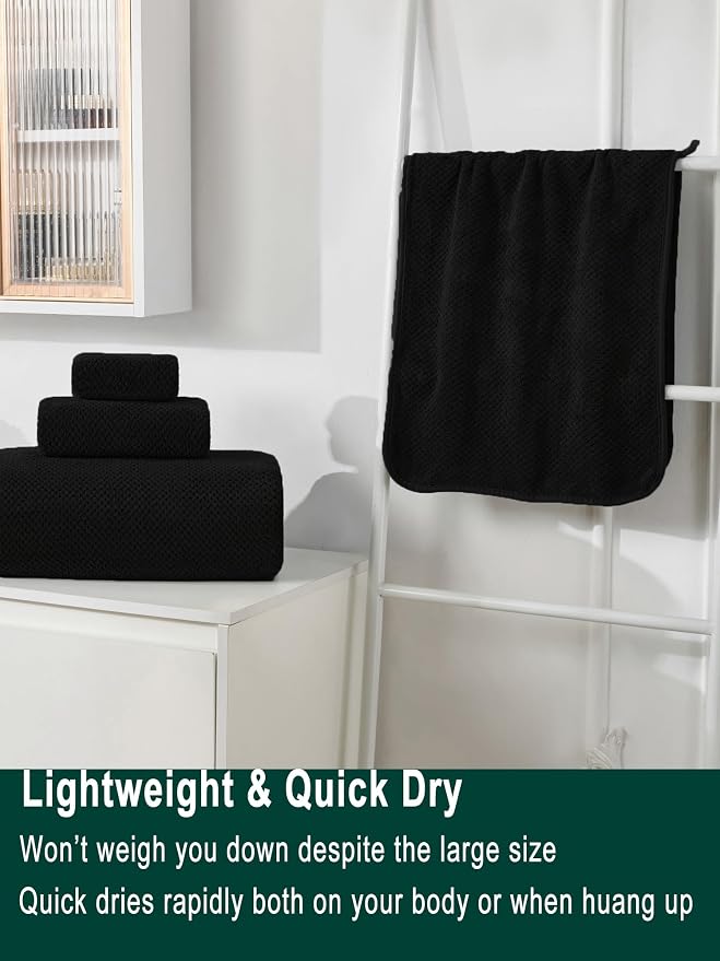 Extra Large Bath Sheet Set 3-Piece, 1 Bath Towel 40x80 Inches, 1 Hand Towel, 1 Washcloth, Soft Absorbent Quick Dry Microfiber Towel for Bathroom Beach Pool Gym Spa, Black - Image 5