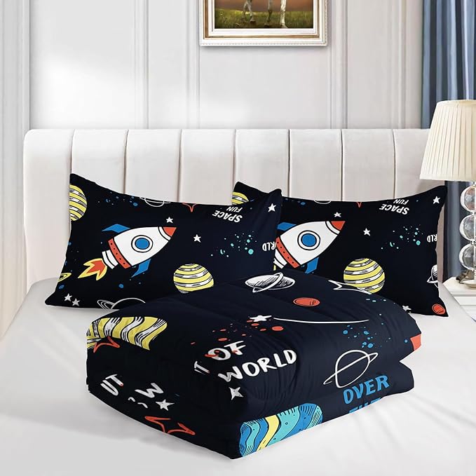 Space Rocket Comforter Set 3D Rocket Printed Bedding Set with 1 Comforter and 2 Pillowcases for Boys and Girls Bedroom All Season(Space-2 Queen) - Image 4