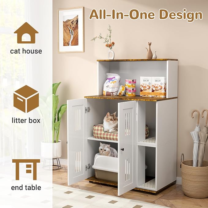 Yafylly Litter Box Enclosure for 2 Cats, Double Litter Box Enclosure with Scratch Mat, Hidden Cat Litter Boxes Furniture for Most Litter Boxes, White - Image 4