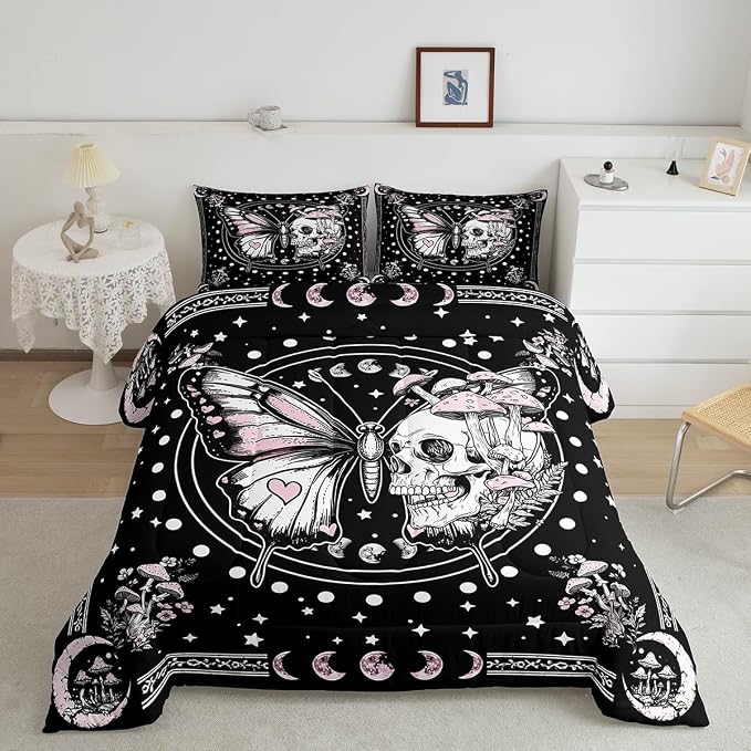 Gothic Skull Moth Comforter Sets Toddler Size,Boho Starry Moon Galaxy Bedding Comforter for Kids Girls Boys,Mushmoon Flowers Leaves Quilt Sets for Bedroom Decor,Duvet Insert,1 Pillowcase,Black Pink by Manfei