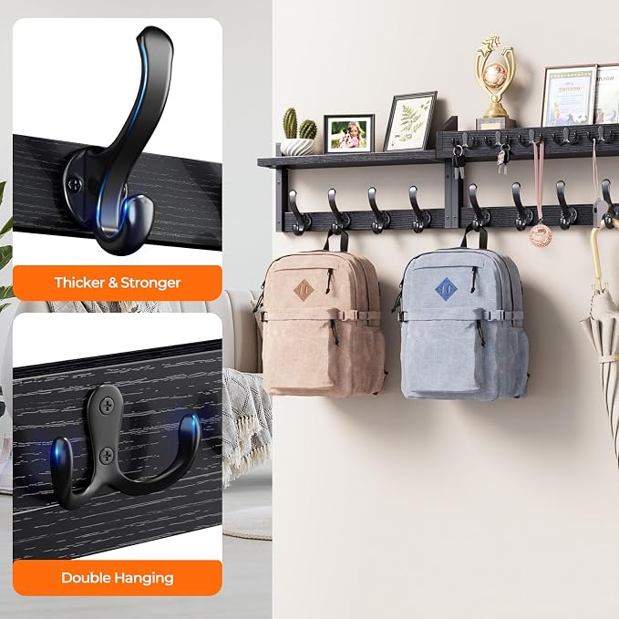 Evermagin 35" Coat Rack Wall Mount with Shelf for Entryway, Black | Wall Mounted Coat and Key Rack with Hooks, Key Holder with Mail Organizer for Wall, Living Room, Mudroom, Bedroom - Image 6