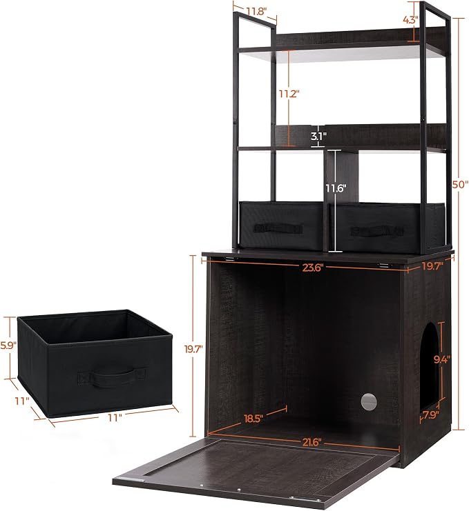 Dwanton Litter Box Enclosure with 2 Storage Shelves and 2 Drawers, 2-in-1 Hidden Cat Litter Box Enclosure Furniture with Shelf, Reversible Entrance, Washable Drawers, 50-Inch, Dark Grey - Image 5