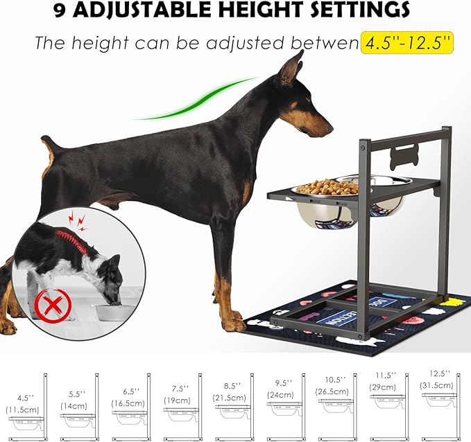 ADENGL 9 Height Adjustable Dog Bowl Stand with Two 1.7L Stainless Steel, Slow Feeder Bowls and Nonslip Pad, Perfect for Medium and Large Dogs - Image 2