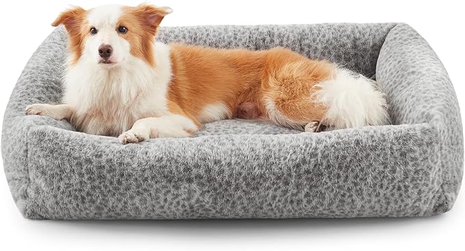 JOEJOY Dog Bed Medium Size Dog, Removable Washable Cover Orthopedic Soft Pet Bed, Anti-Slip Fluffy Plush Faux Rabbit Fur Puppy Bed, 30"x24"x8", Leopard Print, Grey by JOEJOY