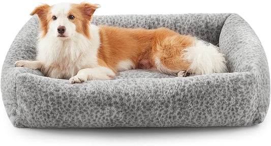 JOEJOY Dog Bed Medium Size Dog, Removable Washable Cover Orthopedic Soft Pet Bed, Anti-Slip Fluffy Plush Faux Rabbit Fur Puppy Bed, 30"x24"x8", Leopard Print, Grey by JOEJOY