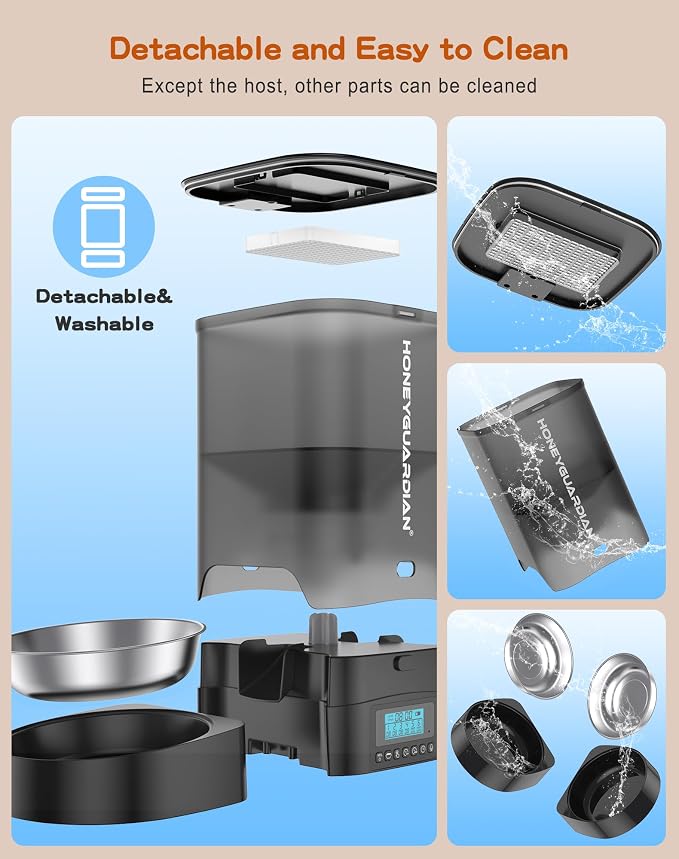 HoneyGuaridan 3.5L Automatic Cat Feeder for Two Cats, Food Dispenser with Stainless Steel Bowl,Timed Cat Feeder Programmable 1-6 Meals Control, Dual Power Supply,10s Meal Call Black - Image 6