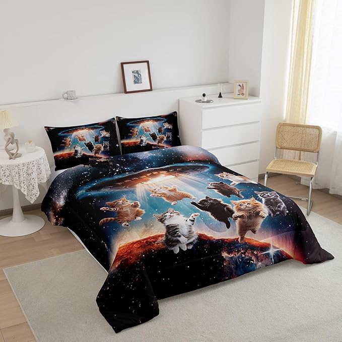 Feelyou Outer Space Cat Bedding Set Galaxy Nebula Pet Decorative Comforter Gorgeous Lovely Animals Quilt Set Twin Size 2Pcs - Image 2
