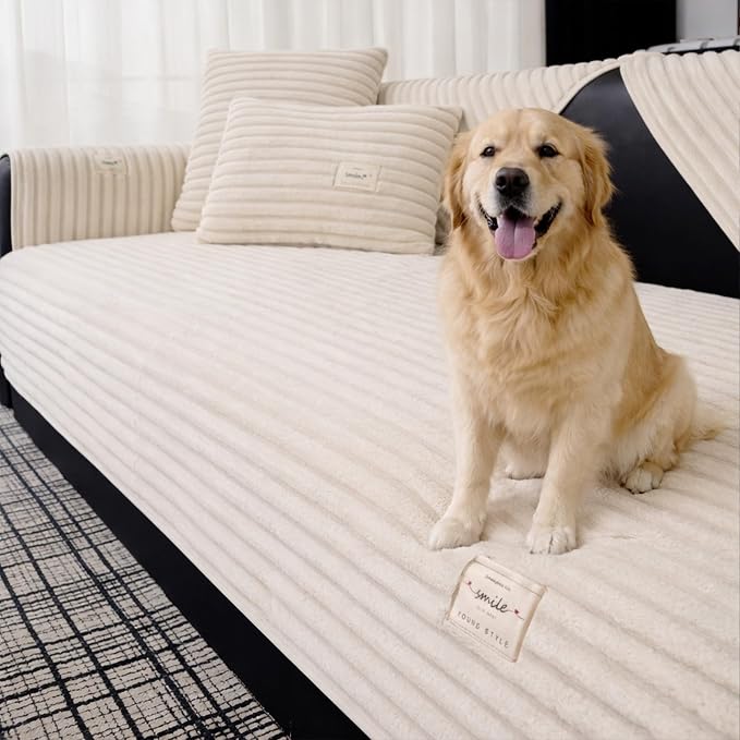 Couch Cover for Dogs, Washable Non Slip Sofa Cover for 3 Cushion Couch, Thick Soft Corduroy Couch Protector, Pet Friendly Furniture Slipcover for Cats Dogs, Sofa Cover for Living Room, Beige by HeadPet