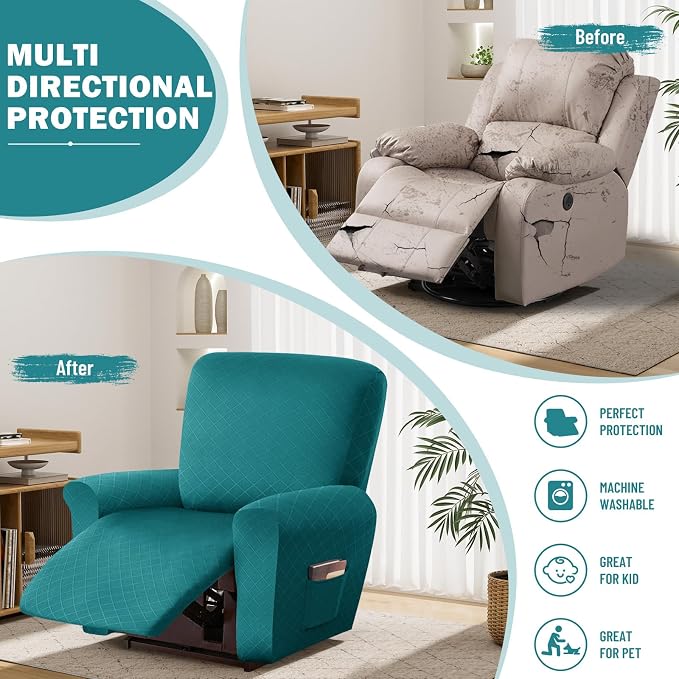 vctops Diamond Recliner Cover 4-Pieces Recliner Stretch Sofa Slipcover 1 Seater Couch Protector Soft Solid Furniture Protector Covers with Elastic Strap (Teal,1 Seat) - Image 5