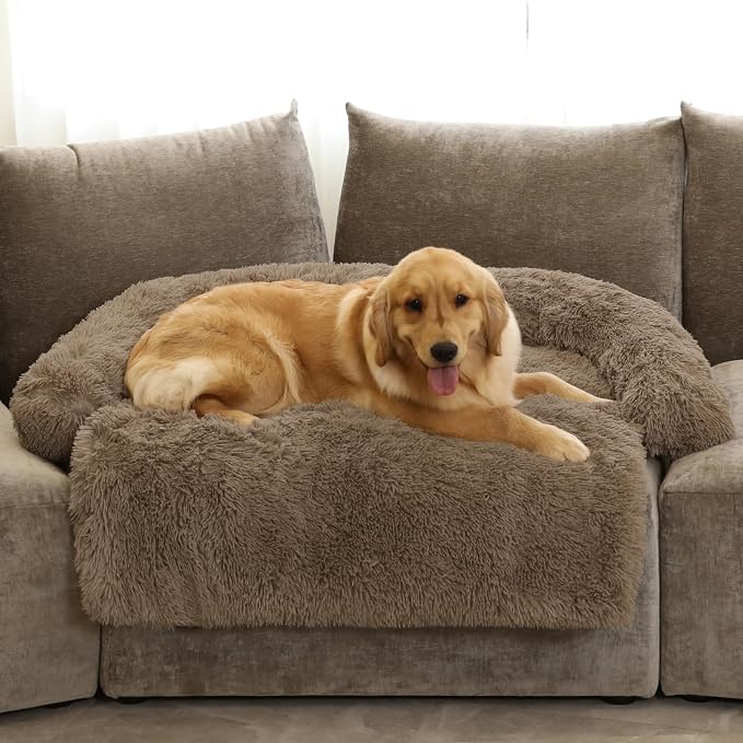 Calming Dog Bed Fluffy Plush Dog Mat for Furniture Protector with Removable Washable Cover for Large Medium Small Dogs and Cats (Extra Large (53x39.3x6), Camel) by GGIB